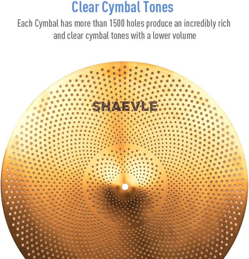 Shaevle Low Volume Cymbal Pack Golden Mute Cymbal 14"Hi-hat+16"Crash+18'Crash+20"Ride Quiet Drum Cymbal Pack for Practice - Image 4